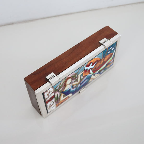 SPANISH 1960 Barcelona Enameled Desk Box In .925 Sterling Silver & Cedar-Wood