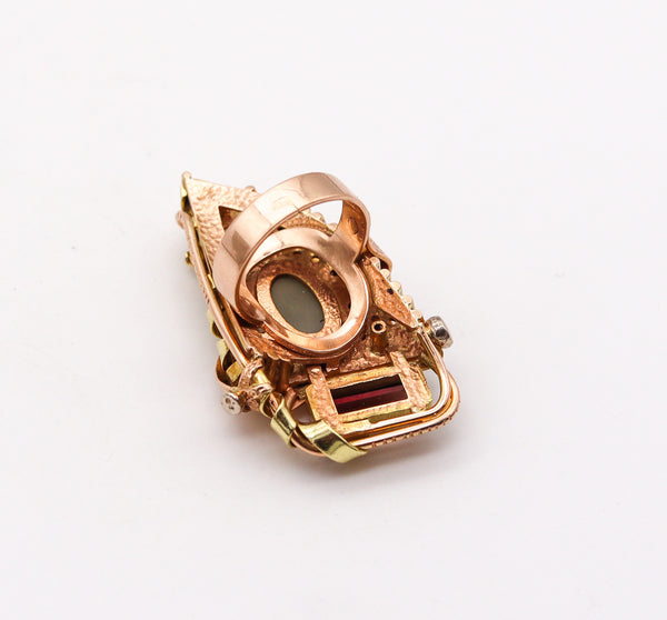 -Constructivist Sculptural Studio Ring In 14 Kt Gold With Moonstone Tourmaline And Tsavorites