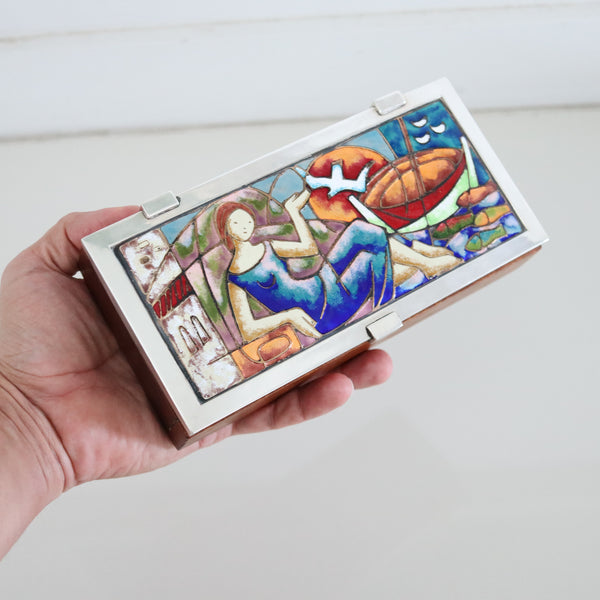 SPANISH 1960 Barcelona Enameled Desk Box In .925 Sterling Silver & Cedar-Wood