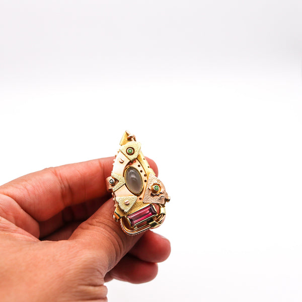 -Constructivist Sculptural Studio Ring In 14 Kt Gold With Moonstone Tourmaline And Tsavorites