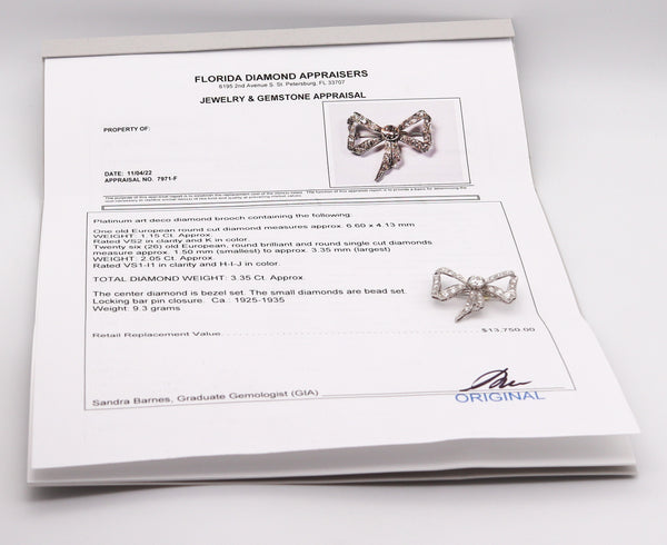 -Edwardian 1905 Belle Epoque Bow Brooch In platinum With 3.35 Ctw In Diamonds