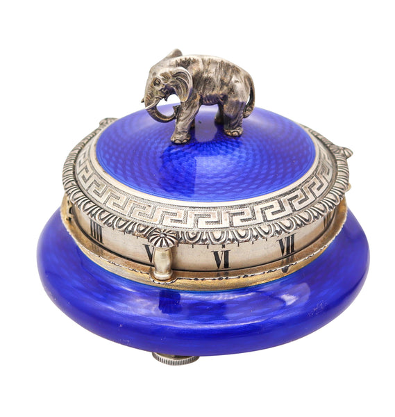 HERMANN SÜDFELD 1900 Viennese Enameled Sterling Desk-Clock With Elephant Motif