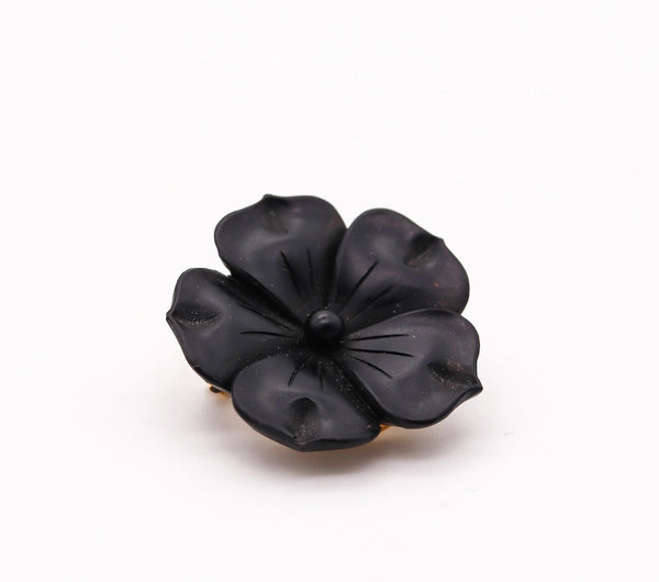 -French 1905 Edwardian Art Nouveau Black Onyx Flower Clip In 18Kt Yellow Gold