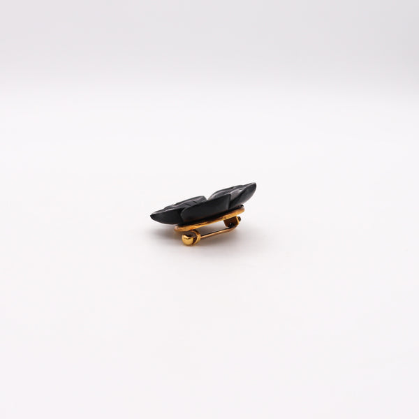 -French 1905 Edwardian Art Nouveau Black Onyx Flower Clip In 18Kt Yellow Gold