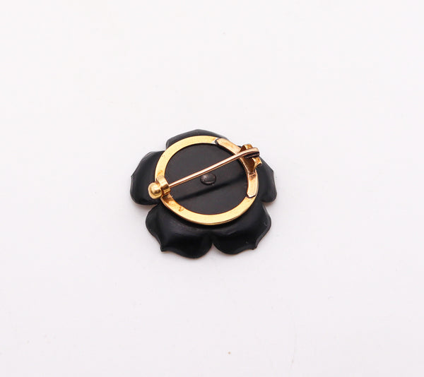-French 1905 Edwardian Art Nouveau Black Onyx Flower Clip In 18Kt Yellow Gold