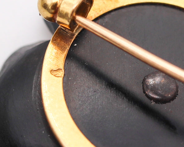 -French 1905 Edwardian Art Nouveau Black Onyx Flower Clip In 18Kt Yellow Gold