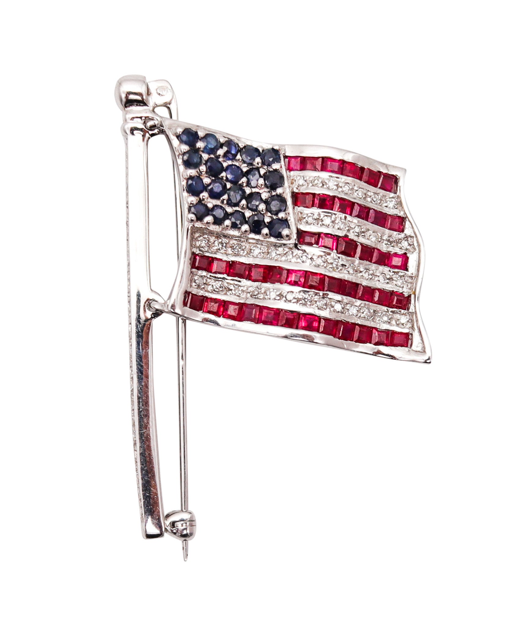 AMERICAN FLAG Brooch In 14Kt White Gold With 3.11 Ctw In Diamonds And Gemstones