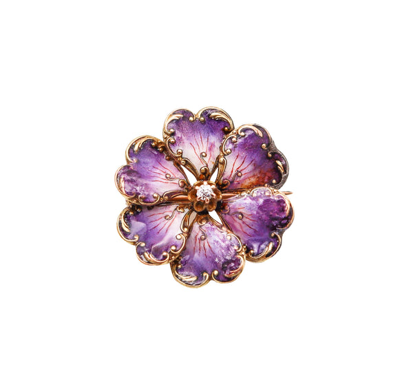 -Art Nouveau 1905 Edwardian Enameled Purple Flower Brooch in 14Kt Gold With Diamond