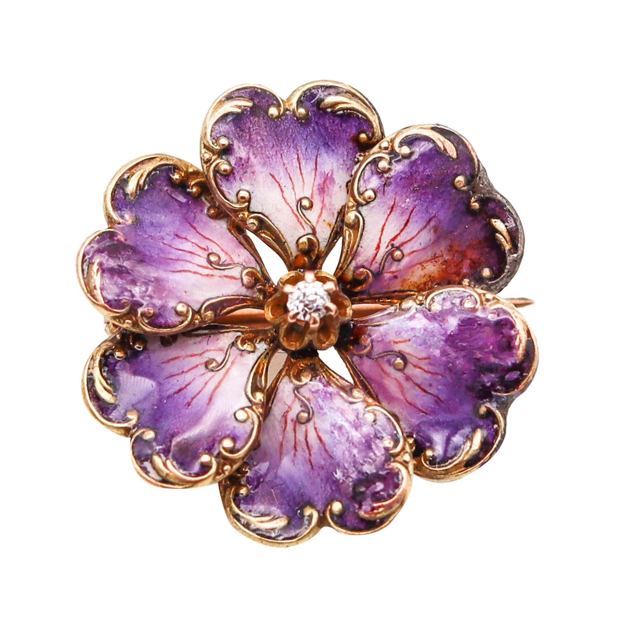 -Art Nouveau 1905 Edwardian Enameled Purple Flower Brooch in 14Kt Gold With Diamond