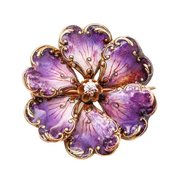 -Art Nouveau 1905 Edwardian Enameled Purple Flower Brooch in 14Kt Gold With Diamond