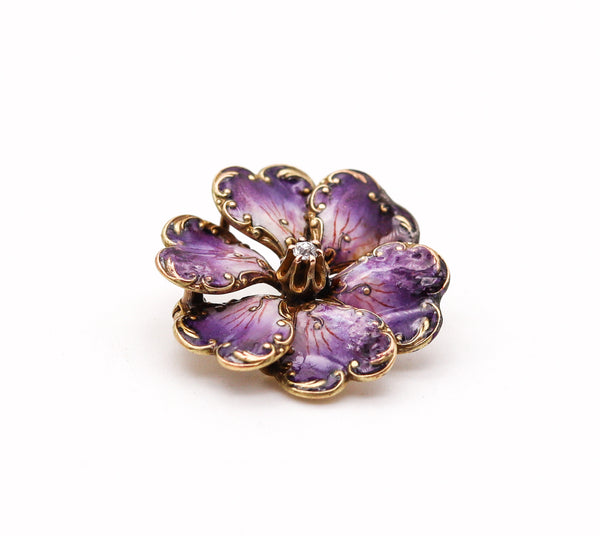 -Art Nouveau 1905 Edwardian Enameled Purple Flower Brooch in 14Kt Gold With Diamond