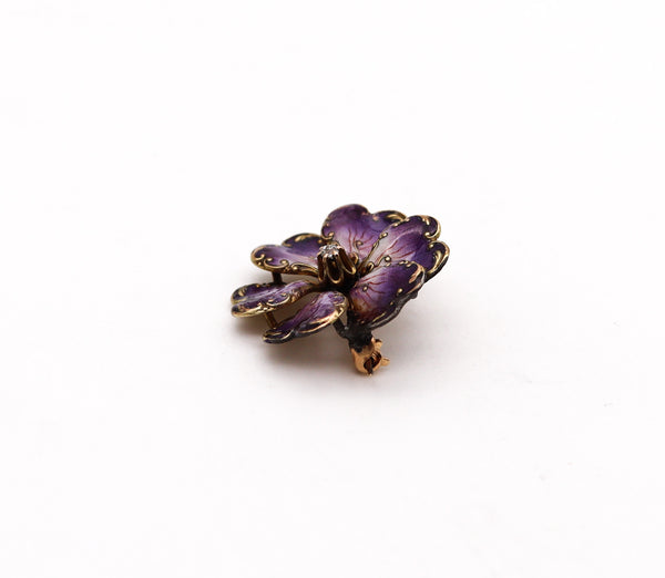 -Art Nouveau 1905 Edwardian Enameled Purple Flower Brooch in 14Kt Gold With Diamond