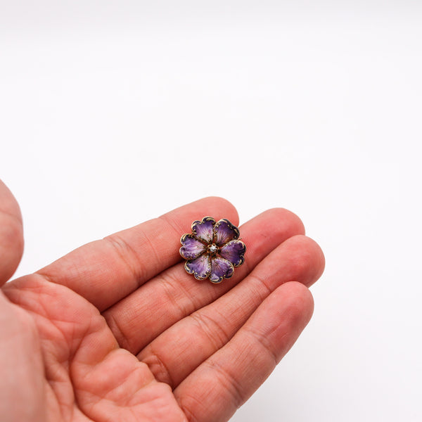 -Art Nouveau 1905 Edwardian Enameled Purple Flower Brooch in 14Kt Gold With Diamond