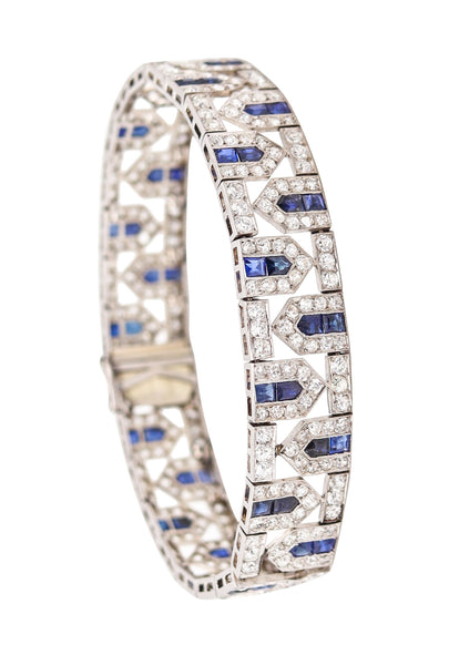 FRENCH 1925 Art-Deco Geometric Platinum Bracelet 18.34 Cwt Diamonds & Sapphires