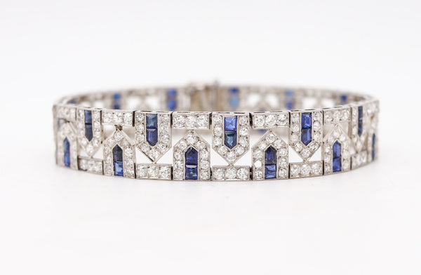 FRENCH 1925 Art-Deco Geometric Platinum Bracelet 18.34 Cwt Diamonds & Sapphires
