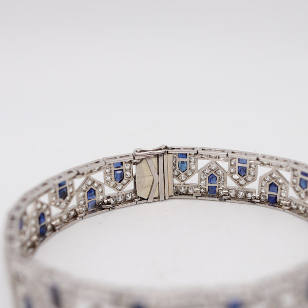 FRENCH 1925 Art-Deco Geometric Platinum Bracelet 18.34 Cwt Diamonds & Sapphires