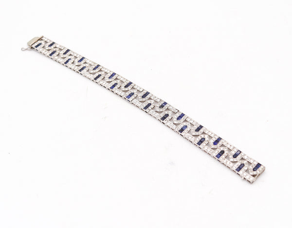 FRENCH 1925 Art-Deco Geometric Platinum Bracelet 18.34 Cwt Diamonds & Sapphires