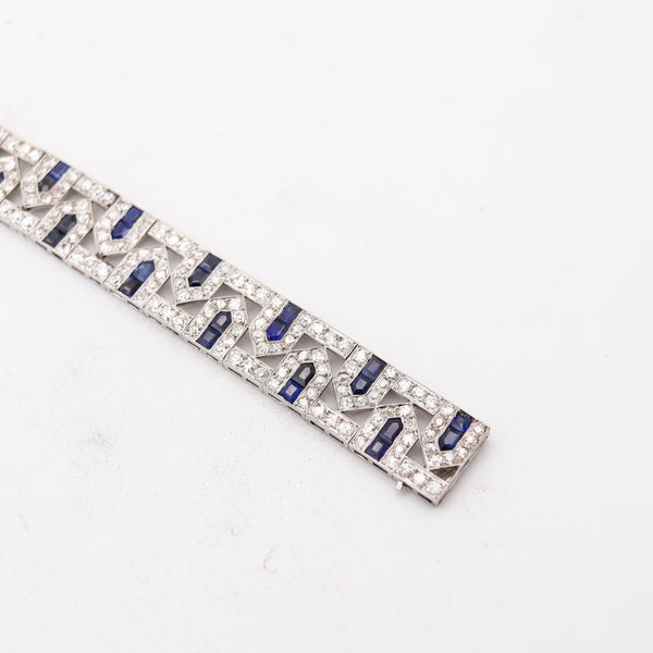 FRENCH 1925 Art-Deco Geometric Platinum Bracelet 18.34 Cwt Diamonds & Sapphires