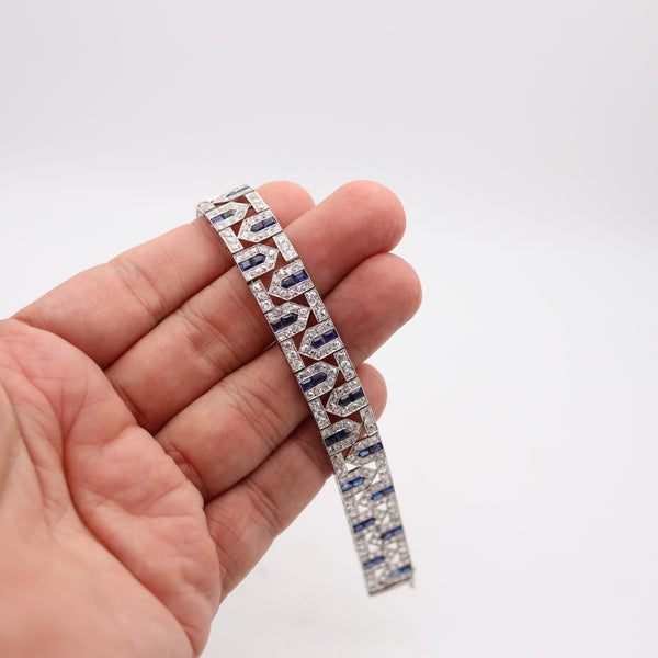 FRENCH 1925 Art-Deco Geometric Platinum Bracelet 18.34 Cwt Diamonds & Sapphires
