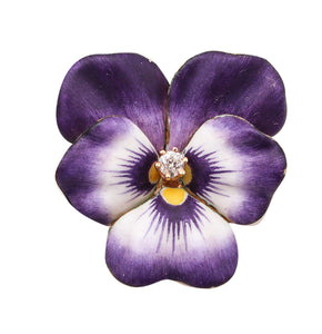 -Art Nouveau 1905 Purple Enamel Pansy Flower Pendant Brooch In 14Kt Yellow Gold
