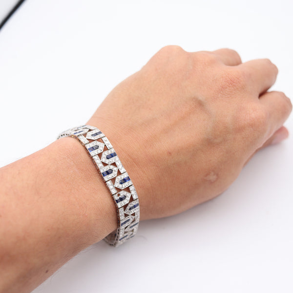 FRENCH 1925 Art-Deco Geometric Platinum Bracelet 18.34 Cwt Diamonds & Sapphires