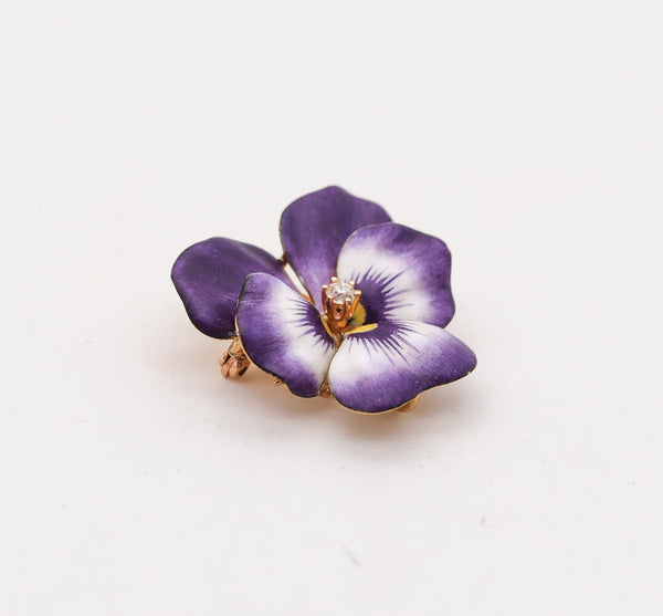 -Art Nouveau 1905 Purple Enamel Pansy Flower Pendant Brooch In 14Kt Yellow Gold