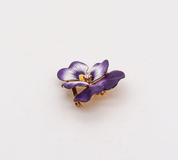 -Art Nouveau 1905 Purple Enamel Pansy Flower Pendant Brooch In 14Kt Yellow Gold