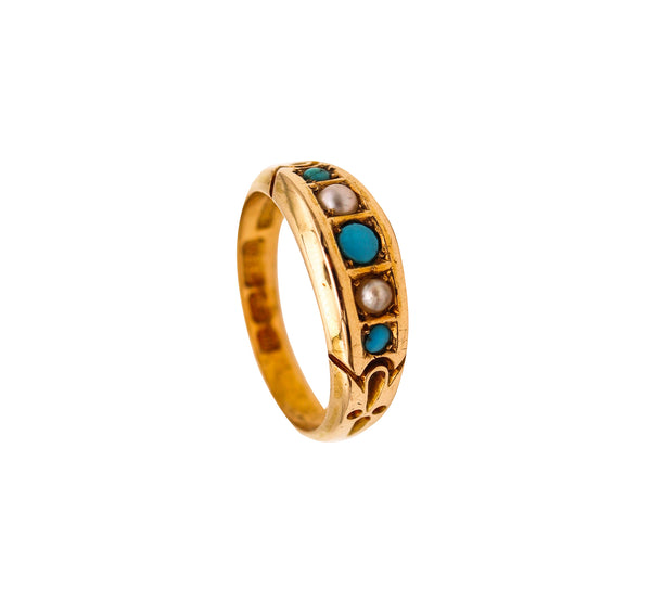-Victorian 1886 Birmingham Antique Ring In 18Kt Gold With Turquoises And Pearls