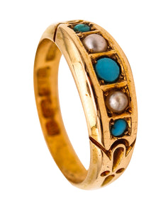 -Victorian 1886 Birmingham Antique Ring In 18Kt Gold With Turquoises And Pearls