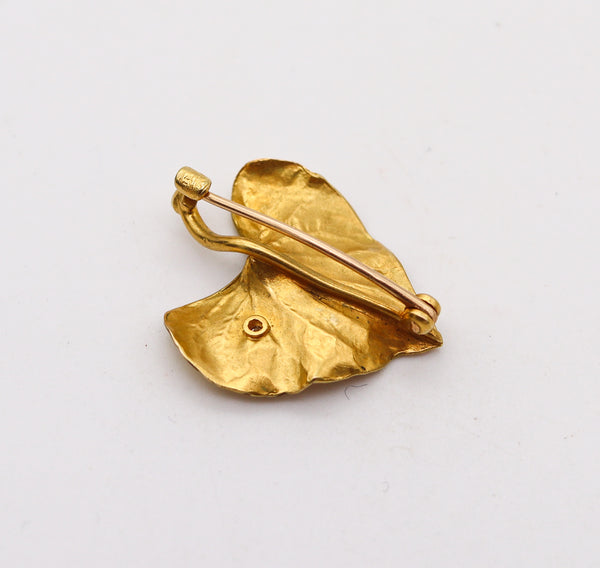 -Crane & Theurer 1900 Art Nouveau Enamel Leaf Brooch In 14Kt Gold With Diamond