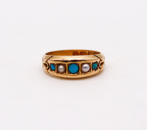 -Victorian 1886 Birmingham Antique Ring In 18Kt Gold With Turquoises And Pearls