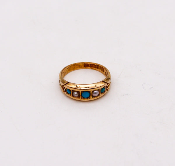 -Victorian 1886 Birmingham Antique Ring In 18Kt Gold With Turquoises And Pearls