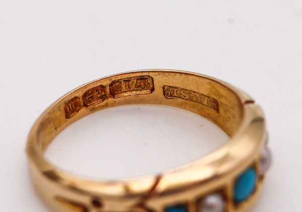 -Victorian 1886 Birmingham Antique Ring In 18Kt Gold With Turquoises And Pearls