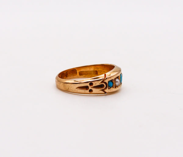 -Victorian 1886 Birmingham Antique Ring In 18Kt Gold With Turquoises And Pearls