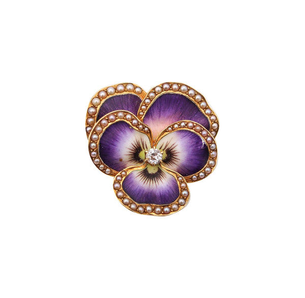 -Crane & Theurer 1900 Art Nouveau Enamel Flower Pendant 14Kt Gold Diamond And Pearls