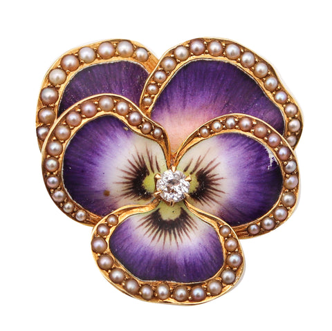 -Crane & Theurer 1900 Art Nouveau Enamel Flower Pendant 14Kt Gold Diamond And Pearls