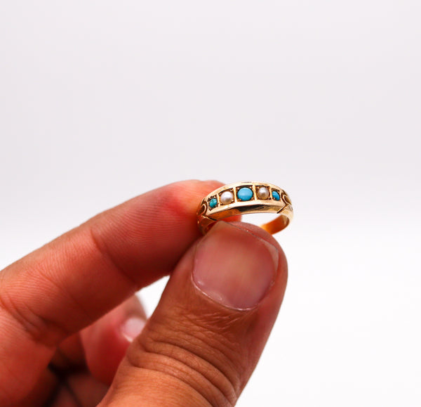 -Victorian 1886 Birmingham Antique Ring In 18Kt Gold With Turquoises And Pearls