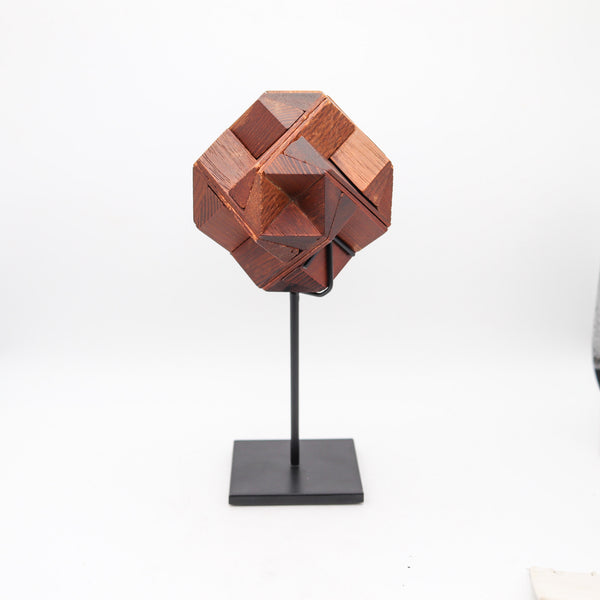 AMERICAN Folk-Art 1930 Unusual Geometric Desk Wood Puzzle Mount In Steel Stand