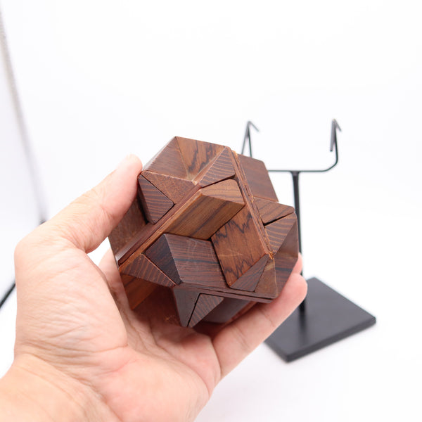 AMERICAN Folk-Art 1930 Unusual Geometric Desk Wood Puzzle Mount In Steel Stand