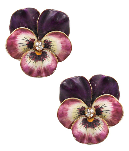 -Hedges & Co. 1900 Art Nouveau Enamel Pansy Earrings In 14Kt Gold With Diamonds
