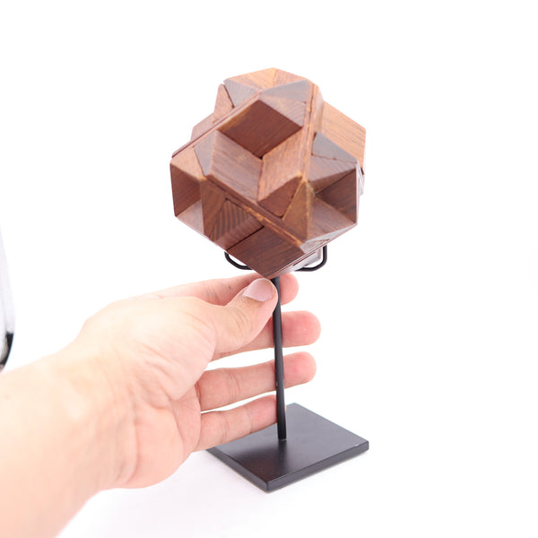 AMERICAN Folk-Art 1930 Unusual Geometric Desk Wood Puzzle Mount In Steel Stand