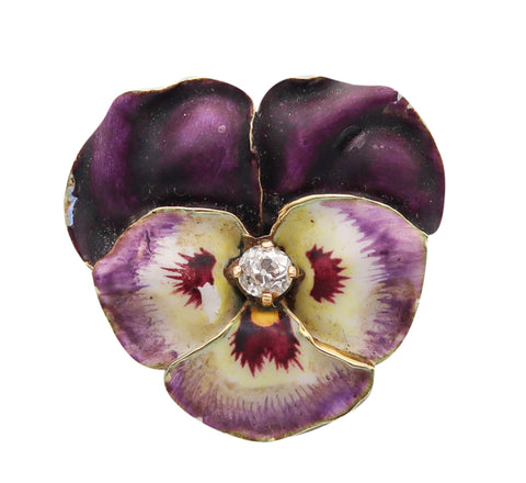 -Hedges & Co. 1900 Art Nouveau Enamel Pansy Pendant In 14Kt Gold With Diamond