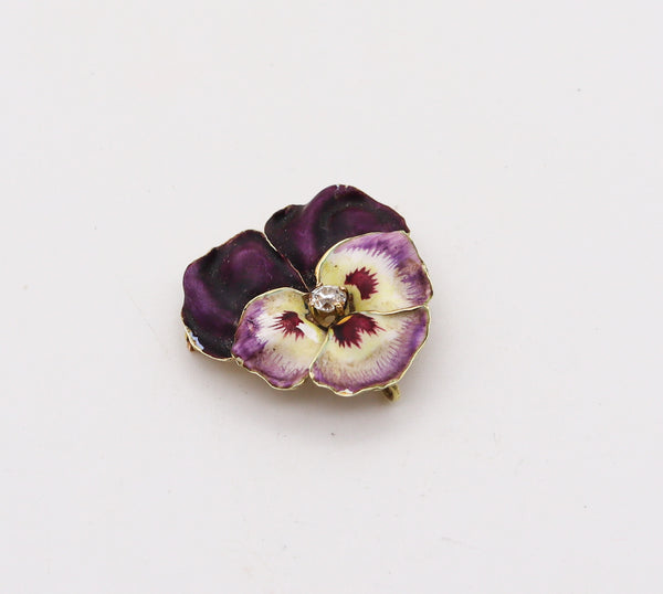 -Hedges & Co. 1900 Art Nouveau Enamel Pansy Pendant In 14Kt Gold With Diamond