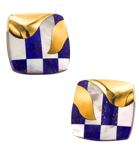-Tiffany Co. 1977 Angela Cummings Clips Earrings In 18Kt Gold With Lapis And Nacre