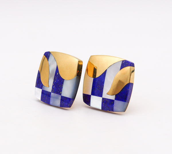 -Tiffany Co. 1977 Angela Cummings Clips Earrings In 18Kt Gold With Lapis And Nacre