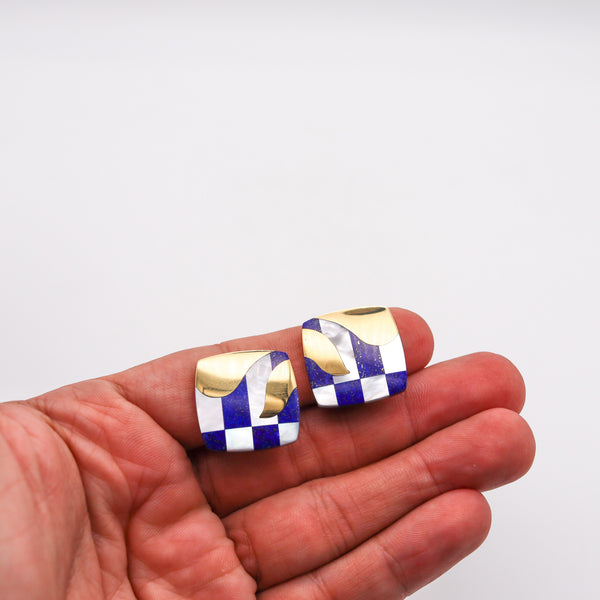 -Tiffany Co. 1977 Angela Cummings Clips Earrings In 18Kt Gold With Lapis And Nacre