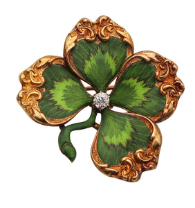 -Edwardian 1905 Art Nouveau Enamel Clover Pendant Brooch In 14Kt Gold With Diamond