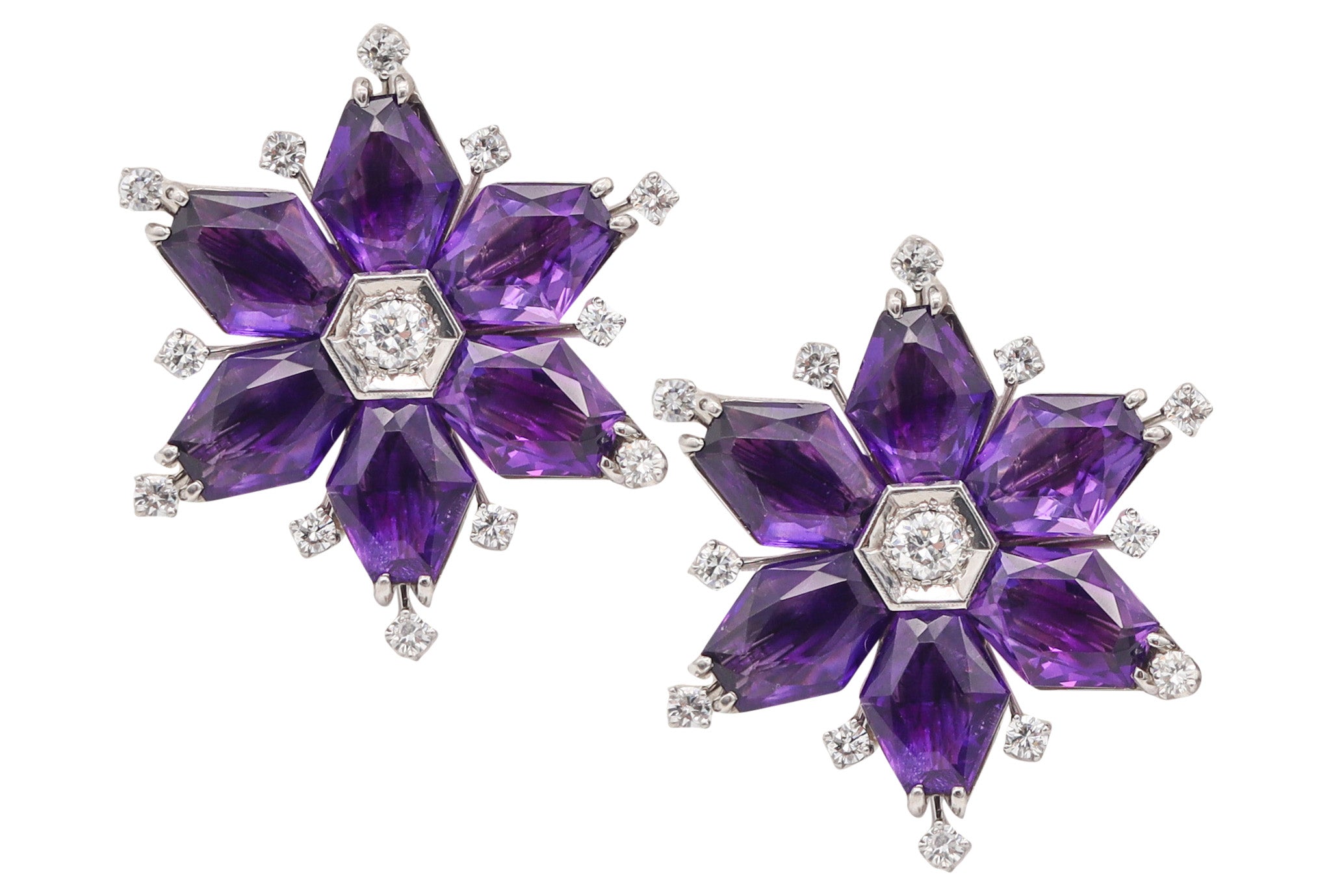 OSCAR HEYMAN 1935 Art-Deco Platinum Clips-Earrings With Amethysts & Diamonds