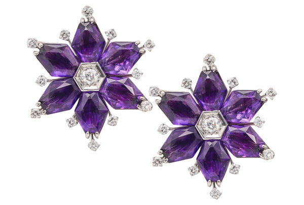 OSCAR HEYMAN 1935 Art-Deco Platinum Clips-Earrings With Amethysts & Diamonds