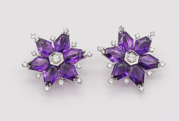 OSCAR HEYMAN 1935 Art-Deco Platinum Clips-Earrings With Amethysts & Diamonds